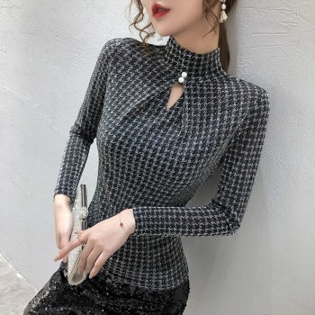 Spring Summer Elastic Shiny Clothes Houndstooth T-shirt Sexy Hollow Out Women Tops 